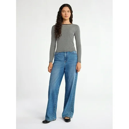 No Boundaries Striped Tee with Long Sleeves, Women's | Walmart (US)