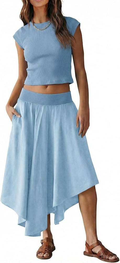 Tankaneo Womens 2 Piece Skirt Set Summer Casual Cap Sleeve Ribbed Crop Tops Midi Dress Vacation O... | Amazon (US)