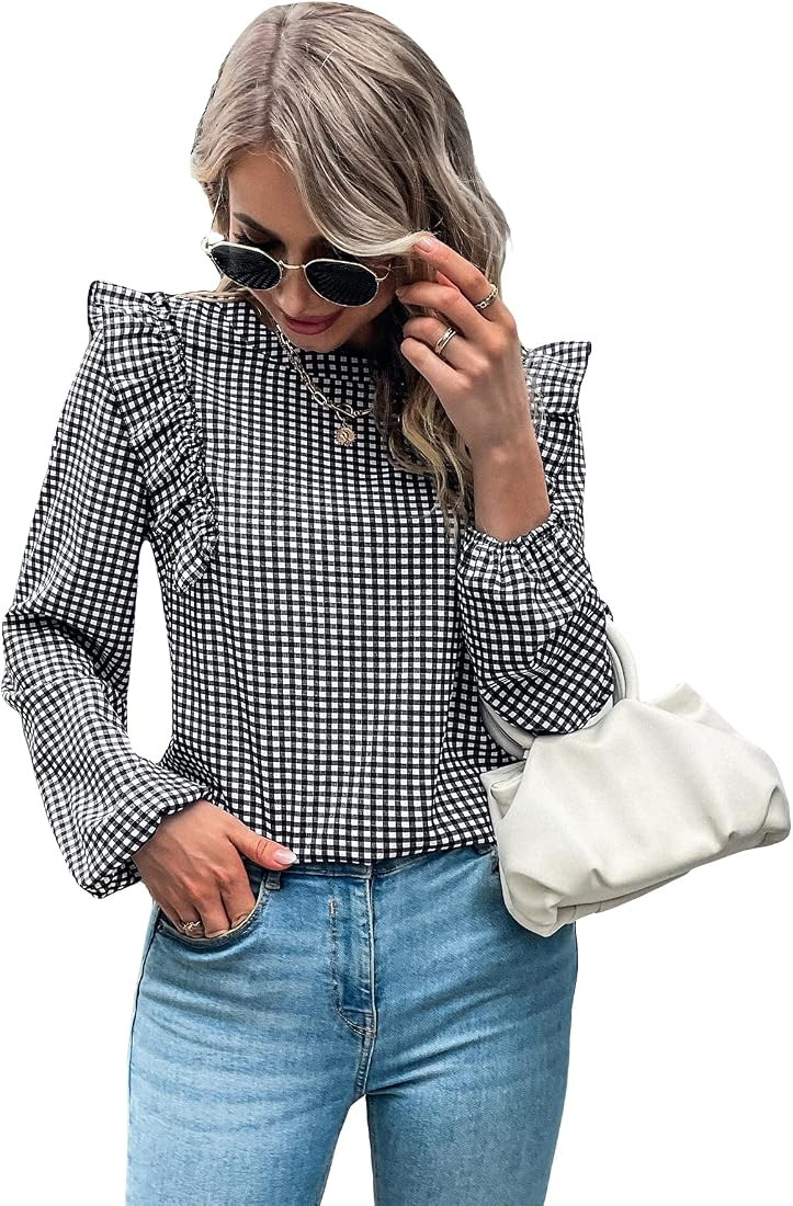 Milumia Women's Plaid Ruffle Trim Keyhole Button Round Neck Long Sleeve Blouse Tops | Amazon (US)