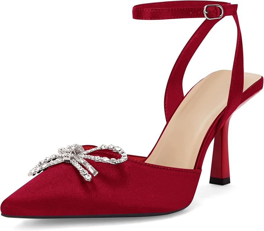 Coutgo Womens Kitten Heel Pumps Rhinestone Bow Tie Pointed Toe Slip On Stilettos Dress Wedding Shoes | Amazon (US)