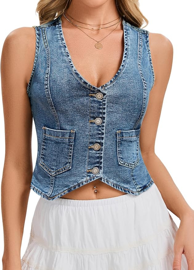 Genhoo Denim Vest Sleeveless Jean Vest Top for Women V Neck Button Down Cropped Denim Top with Po... | Amazon (US)