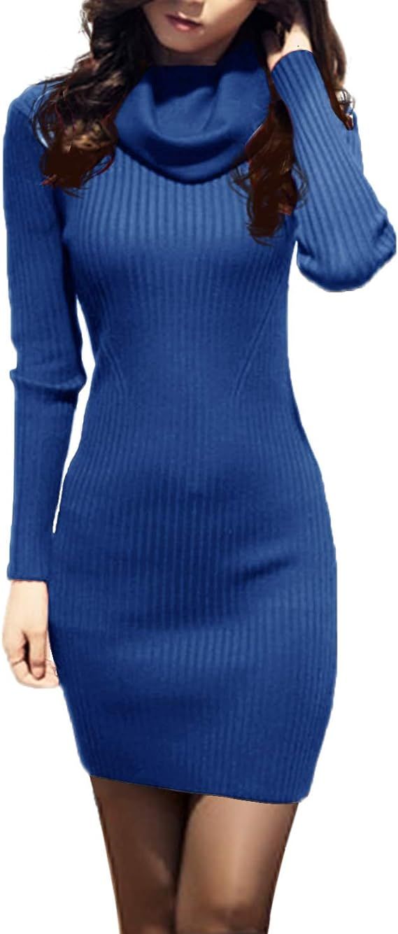 v28 Women Cowl Neck Knit Stretchable Elasticity Long Sleeve Slim Fit Sweater Dress | Amazon (US)