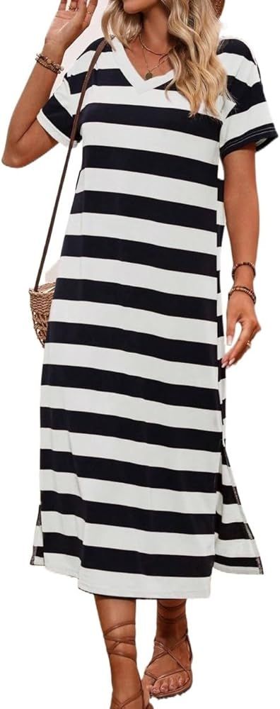 Dresses for Women Women's Dress Striped Split Hem Tee Dress Dresses | Amazon (US)