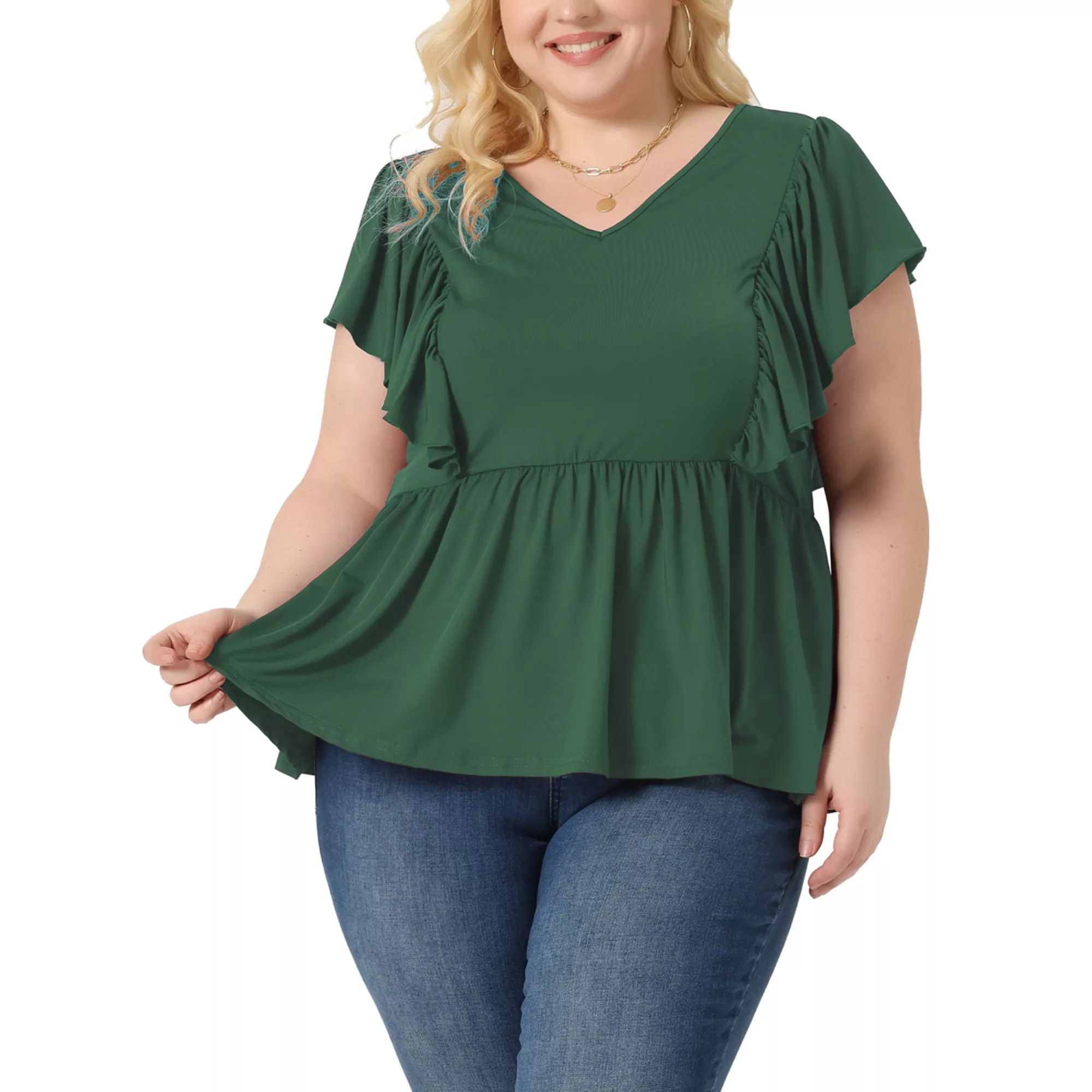 Plus Size Tops For Women V Neck Ruffle Sleeve Pleated Peplum Blouse | Kohl's