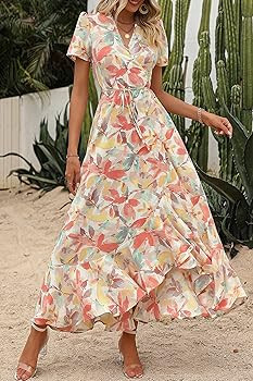 PRETTYGARDEN Women's Summer Wrap Maxi Dress Casual Boho Floral V Neck Short Sleeve Ruffle Hem Spl... | Amazon (US)