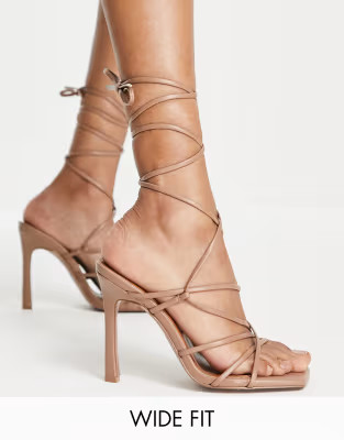 ASOS DESIGN Wide Fit Nobu strappy tie leg heeled sandals in beige | ASOS (Global)