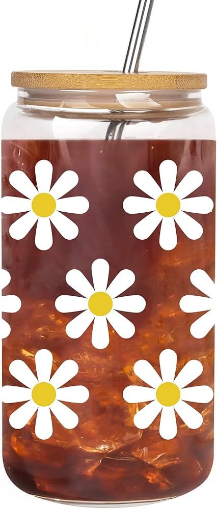 Daisy Aesthetic Cups, Iced Coffee Glass Cup, Cute Daisy Gifts, Flower Themed Drinking Can Shaped ... | Amazon (US)