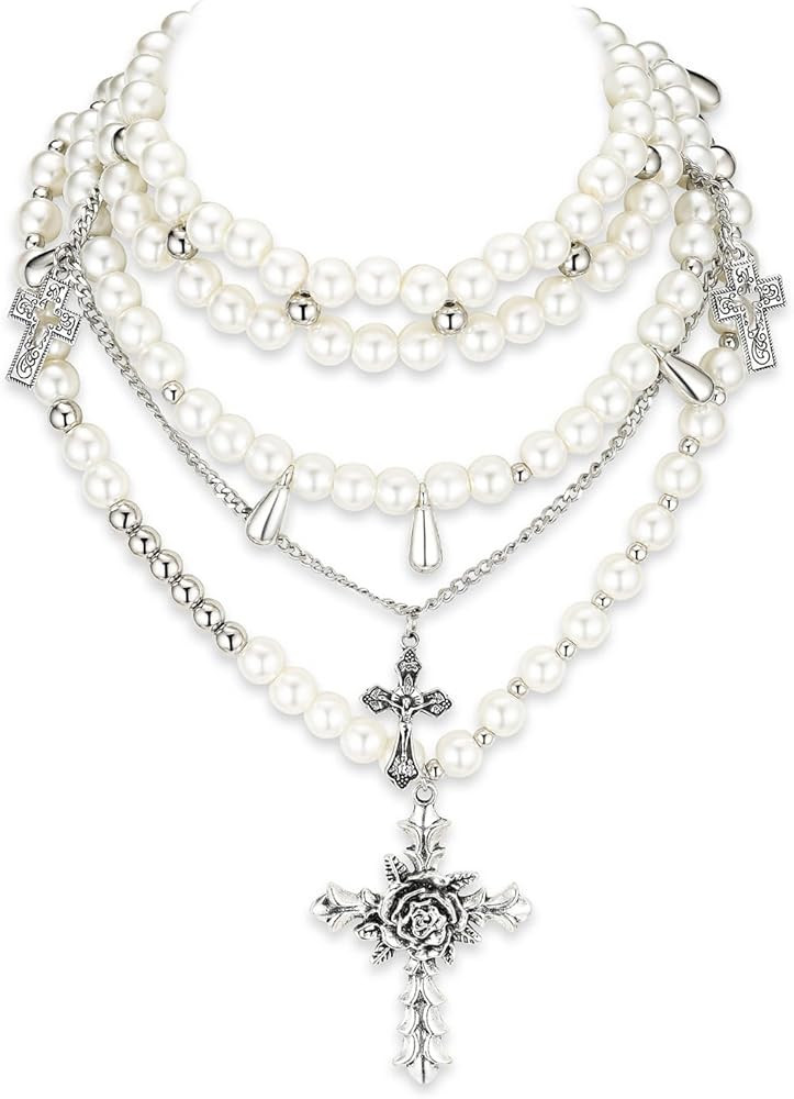 Layered Pearl Cross Necklace Gothic Cross Pearl Stacked Necklace Chunky Pearl Statement Necklace ... | Amazon (US)