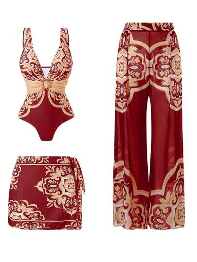 Swim Oasis 2026 New 3-Piece Women Printed Swimsuit With Skirt And Mesh Pants, Beach Resort Casual... | SHEIN