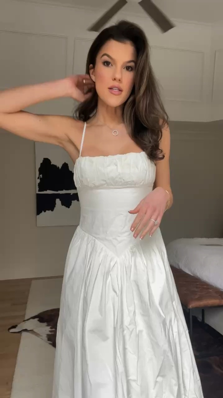 This beautiful white dress from Revolve is a great option for a bridal event or baby shower. Wearing a size small  Recommend sizing down for a more snatched waist. #Bride2025 #bridalevent #WhiteDress #Revolve 

#LTKWedding #LTKParties #LTKWatchNow