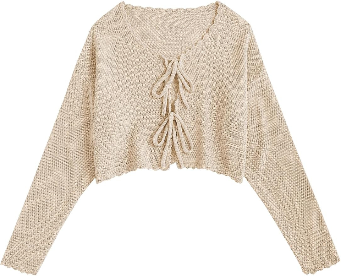 ZAFUL Women's Knit Sweater Cardigan V Neck Long Sleeve Tie Open Front Crop Shrug Top | Amazon (US)