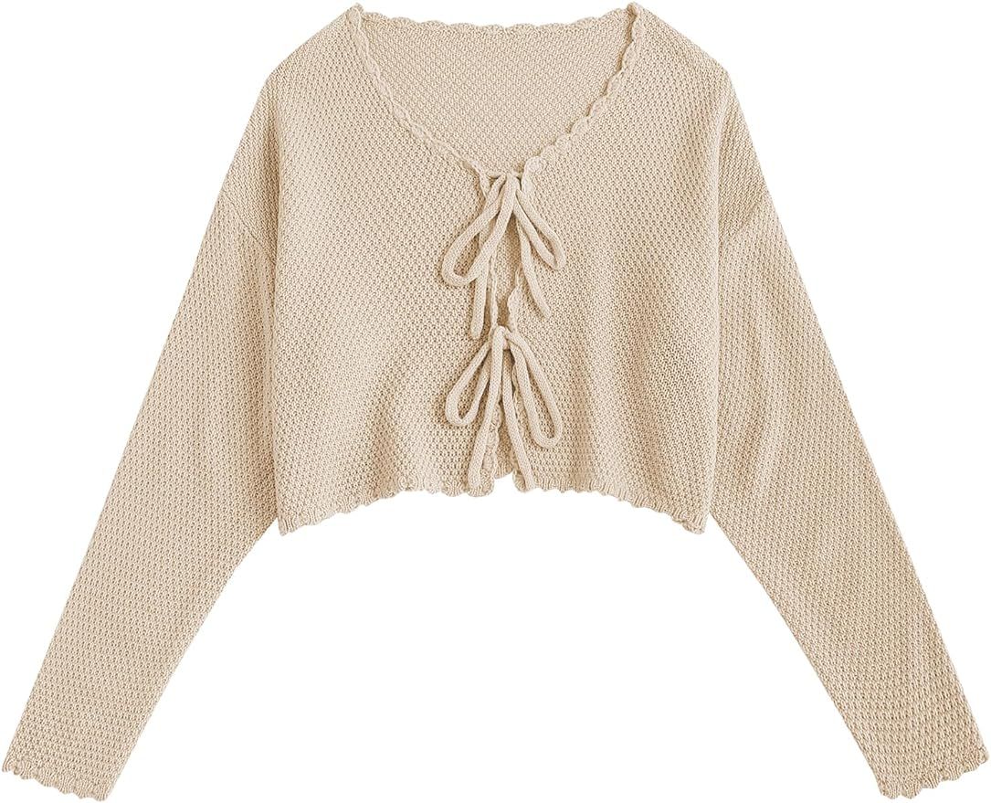 ZAFUL Women's Knit Sweater Cardigan V Neck Long Sleeve Tie Open Front Crop Shrug Top | Amazon (US)