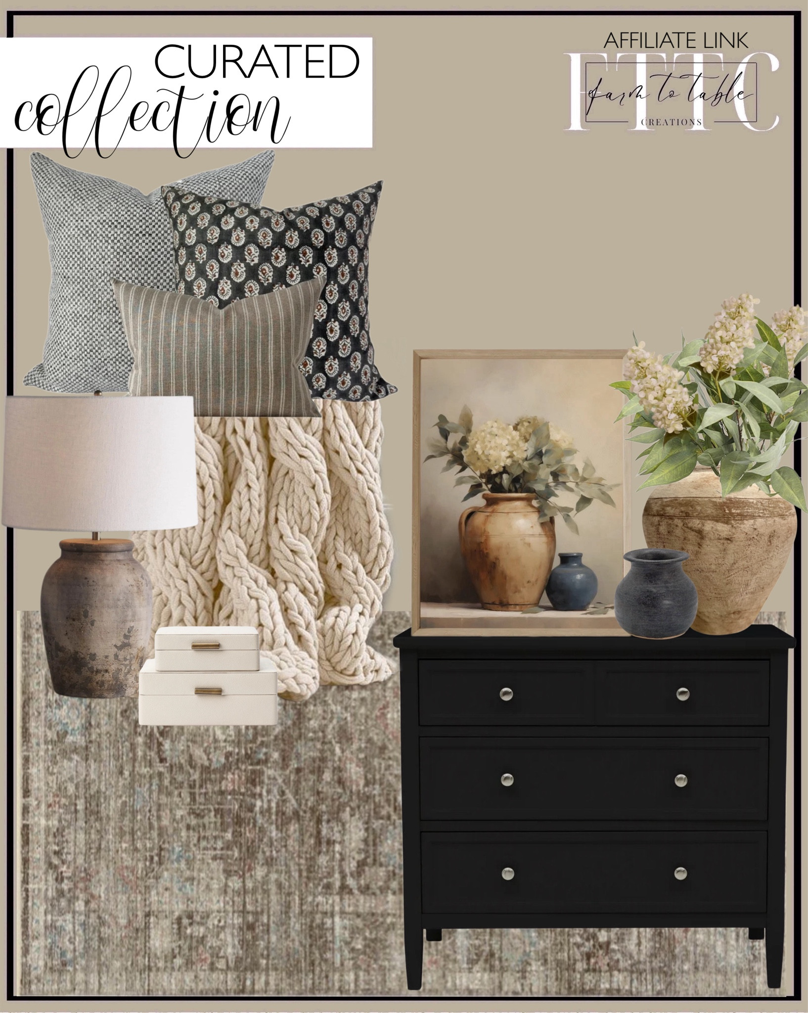 Curated Collection. Follow @farmtotablecreations on Instagram for more inspiration.

Delta Children Epic 3 Drawer Dresser with Interlocking Drawers - Greenguard Gold Certified, Black. Magnolia Home By Joanna Gaines X Loloi Millie Charcoal / Dove Area Rug. Hydrangeas Painting, PRINTABLE ART, Vintage Still Life Art. Artissance 17" H Light Brown Pottery Tribe Water Jar with Stripes. Ling's Moment Artificial Plants Eucalyptus Leaves Branches. 27.5" Real Touch Large Cone Shaped Artificial Hydrangeas. Small charcoal ceramic bud vase. Three Pillow Cover Combination Set, Neutral Designer Pillow Collection, Farmhouse Pillow Set, Master Bed Pillow Combo, Pillow Cover Bundle. Colossal Handknit Throw. Thornton Table Lamp. White Shagreen Box. 

Amazon Home | Target Finds | Loloi Rugs | Hearth & Hand Magnolia | console table | console table styling | faux stems | entryway space | home decor finds | neutral decor | entryway decor | cozy home | affordable decor |  home decor | home inspiration | spring stems | spring console | spring vignette | spring decor | spring decorations | console styling | entryway rug | cozy moody home | moody decor | neutral home


#LTKHome #LTKSaleAlert #LTKFindsUnder50