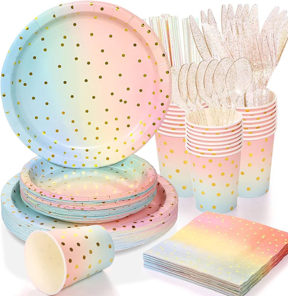 Amazon.com: 200 Pcs Pastel Party Supplies,Golden Dot Disposable Paper Plates Set,25 Dinner/Desser... | Amazon (US)
