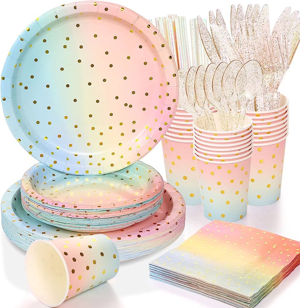 Amazon.com: 200 Pcs Pastel Party Supplies,Golden Dot Disposable Paper Plates Set,25 Dinner/Desser... | Amazon (US)