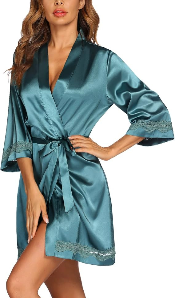 Ekouaer Women's Lace-Trim Kimono Style Short Satin Robe Sleepwear with 3/4 Sleeve | Amazon (US)