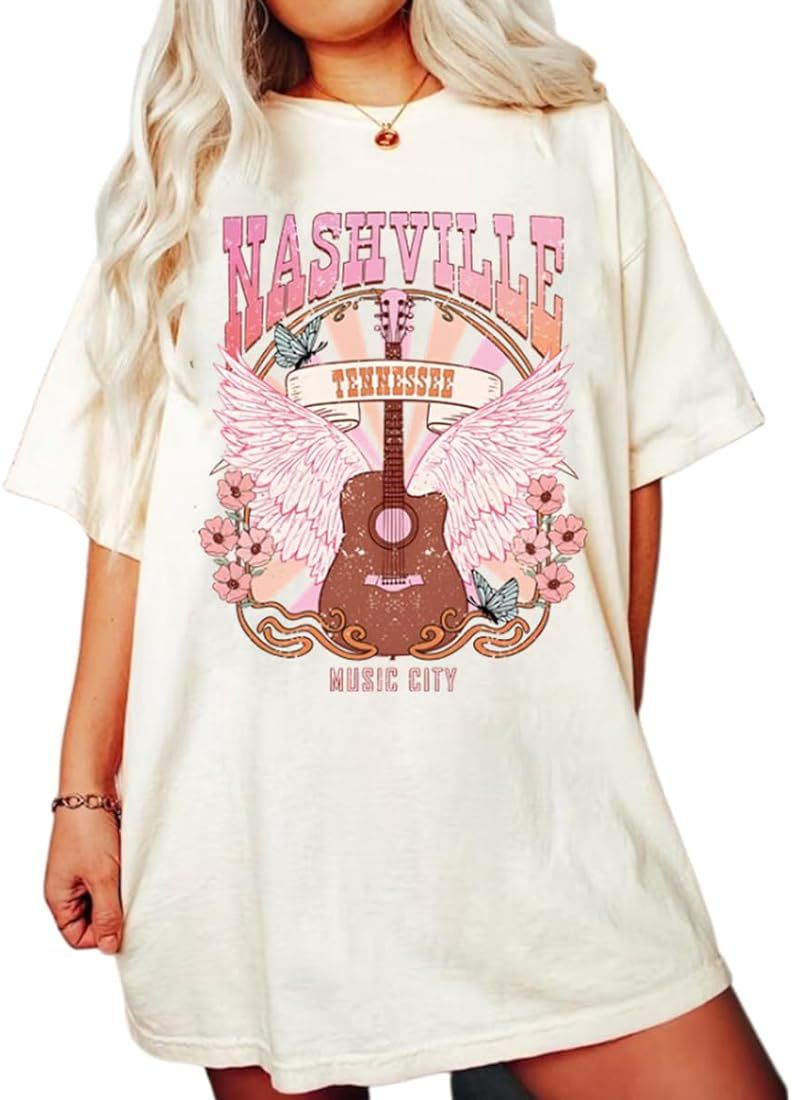 Nashville Shirts for Women Vintage Oversized Tennessee Country Music Festival Tshirt Guitar Rock ... | Amazon (US)