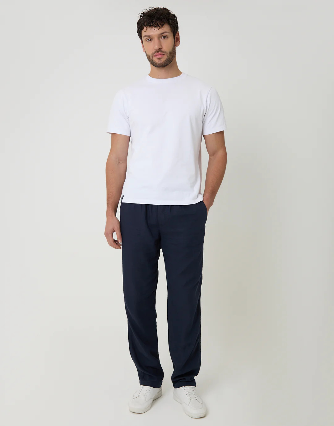 Linen Blend Drawcord Trousers in Navy | Threadbare UK