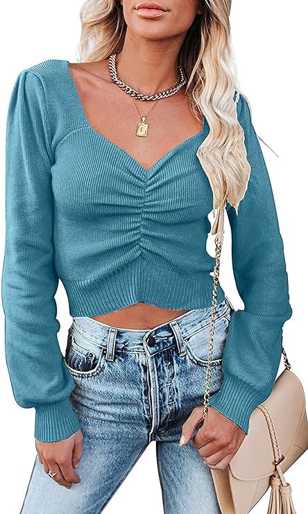 Metyou Women's Long Sleeve Short Cropped Sweater Casual V Neck Ruched Ribbed Knit Pullover Sweate... | Amazon (US)