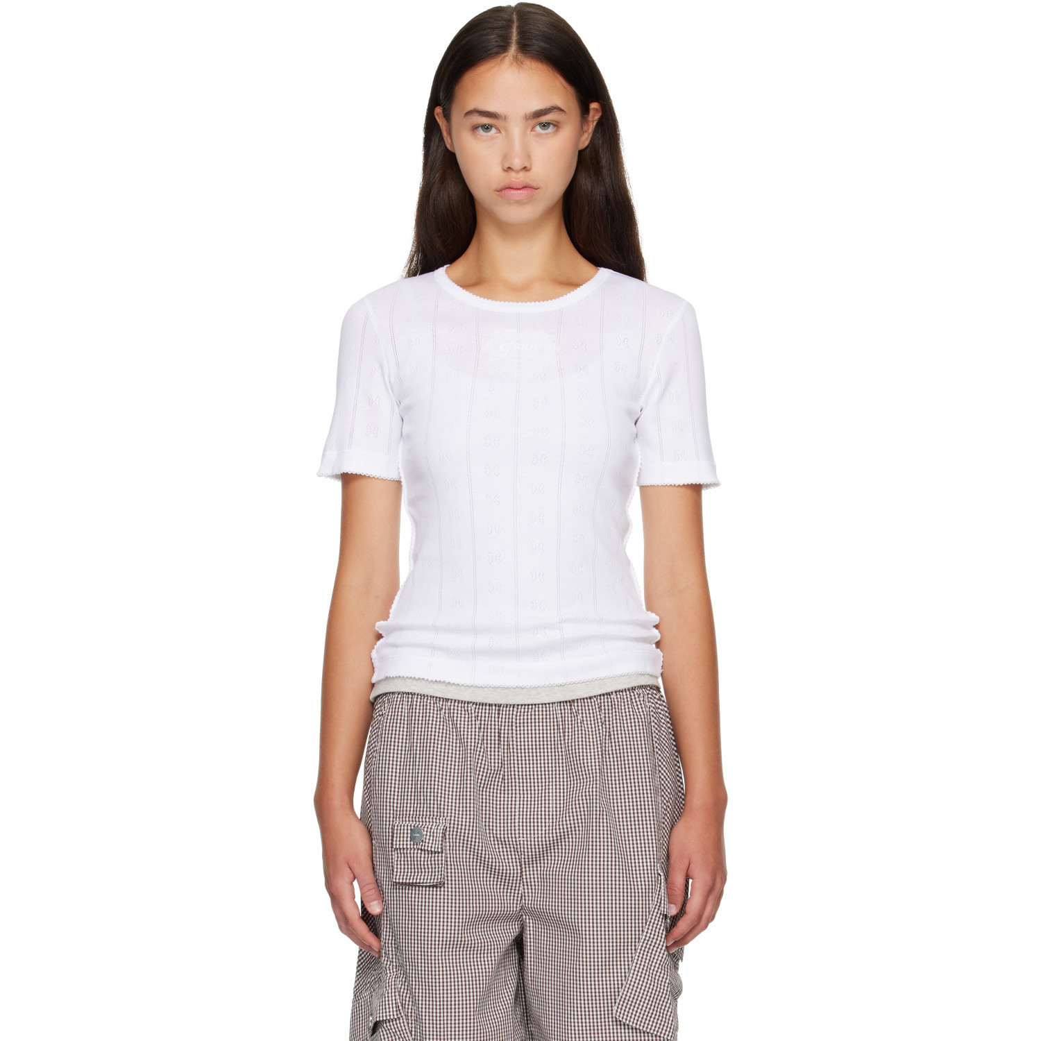 GANNI White Pointelle Cotton T-shirt | SSENSE