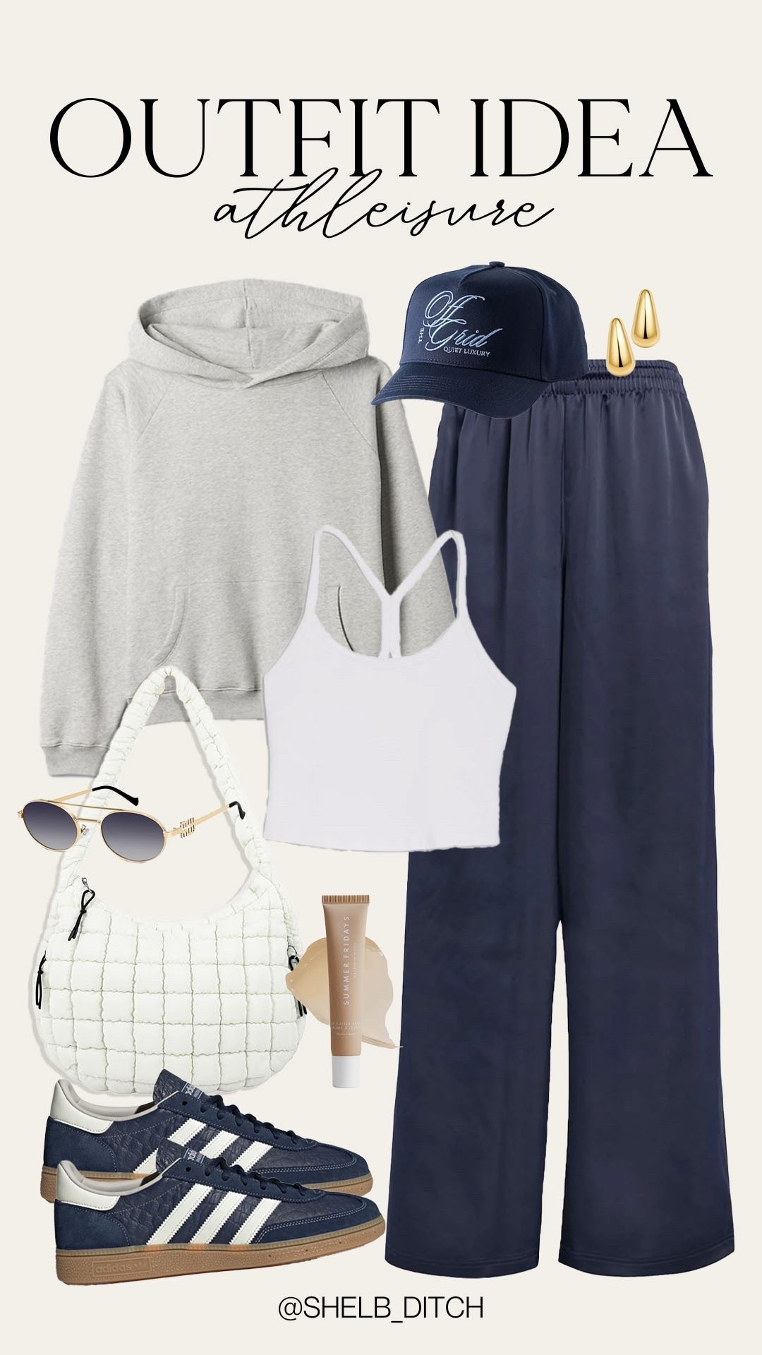 Comfy cute athleisure outfit. Winter athleisure. Adidas track pants. Navy and gray athleisure look. gray hoodie. White puffer tote. Navy adidas. Navy trucker hat  

#LTKSeasonal #LTKSaleAlert #LTKootd