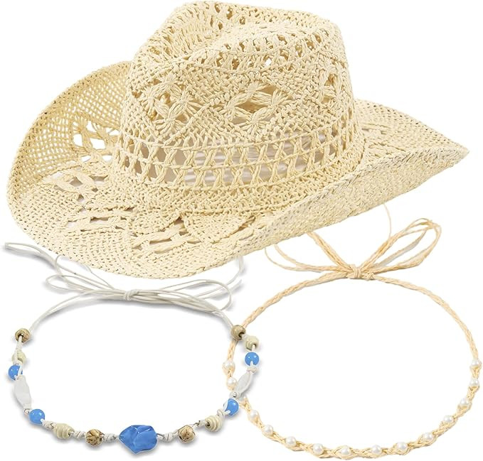 Straw Cowboy Hat for Women, Western Beach Coastal Cowgirl Hat with 2 Replacement Hat Bands, Shape... | Amazon (US)