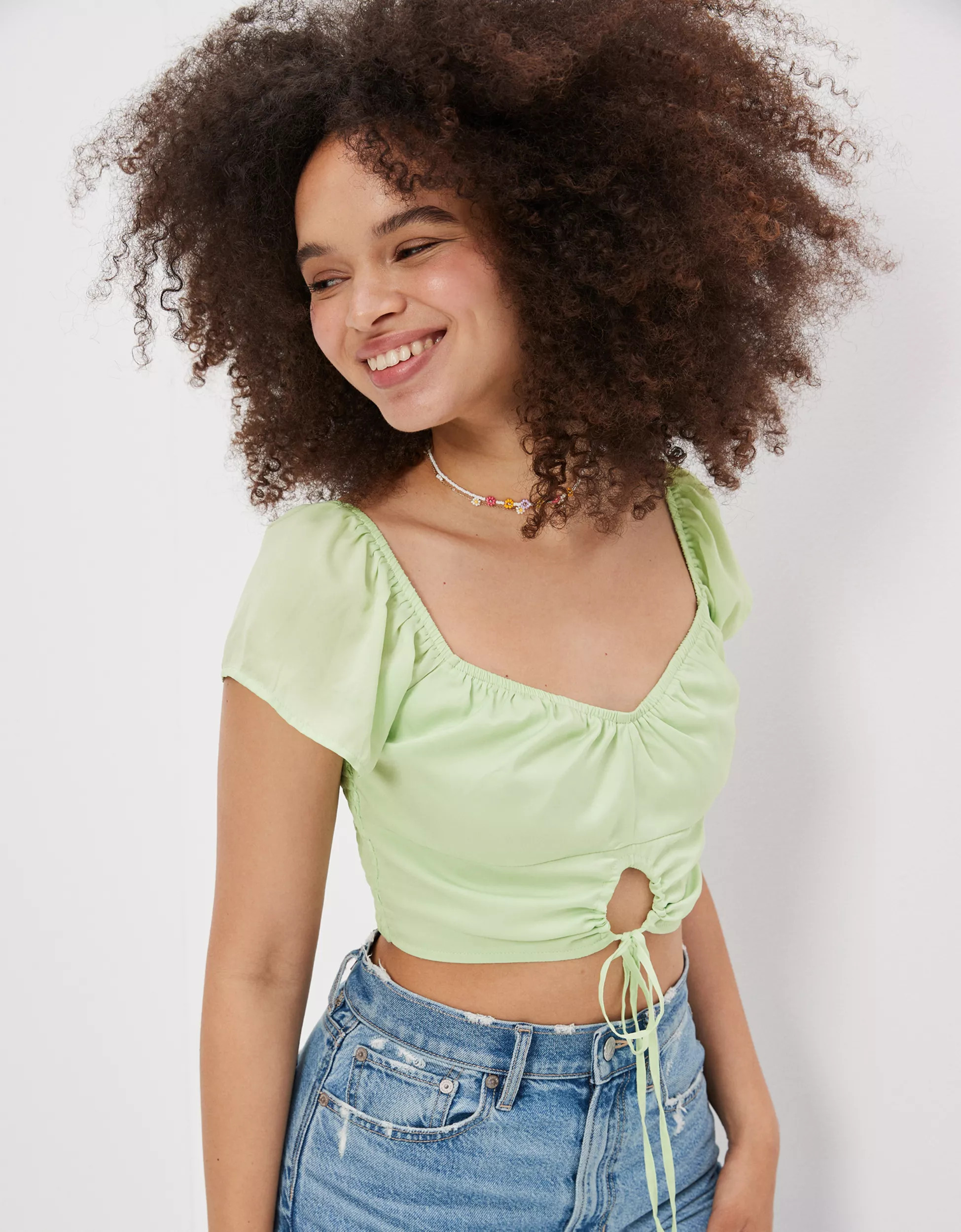 AE Cropped Keyhole Flutter-Sleeve Blouse | American Eagle Outfitters (US & CA)