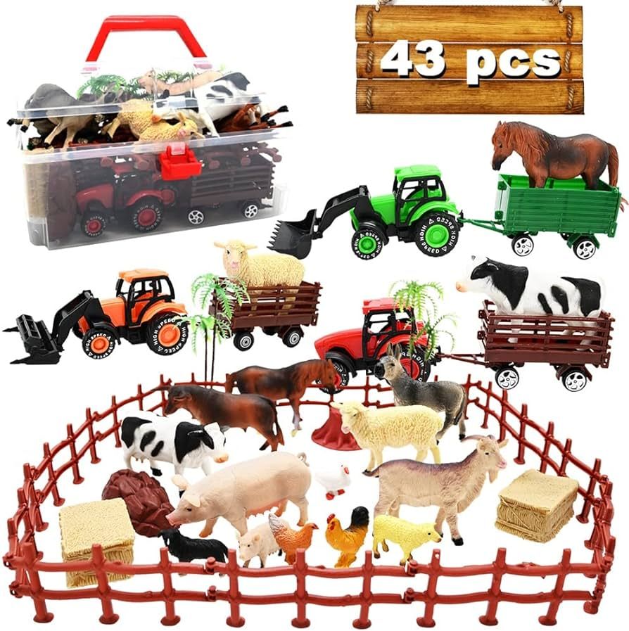 Amazon.com: 3 Pack Farm Toy Tractor with 40pcs Plastic Animals Figurines and Fence Playset, Farm ... | Amazon (US)