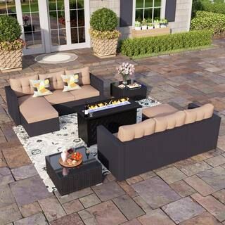 PHI VILLA Black Rattan Wicker 6 Seat 7-Piece Steel Outdoor Fire Pit Patio Set with Beige Cushions... | The Home Depot