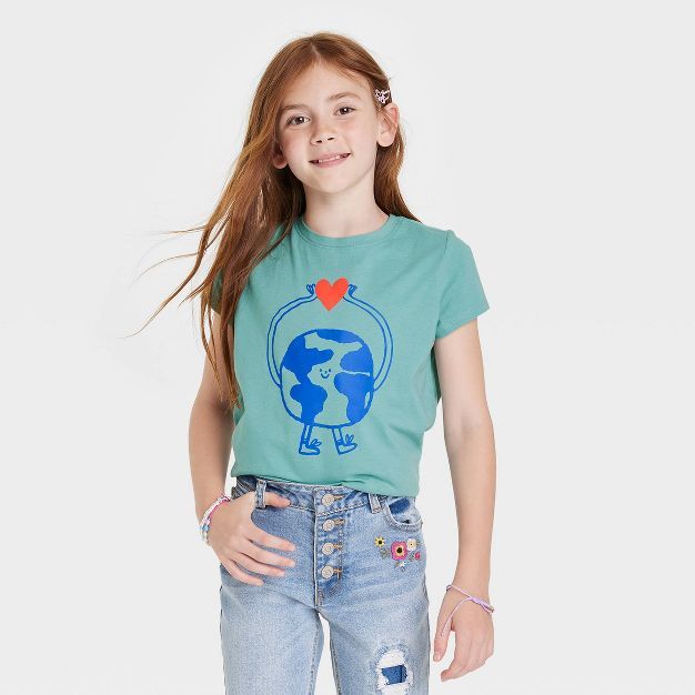 Girls' 'Earth' Short Sleeve Graphic T-Shirt - Cat & Jack™ Ocean Green | Target