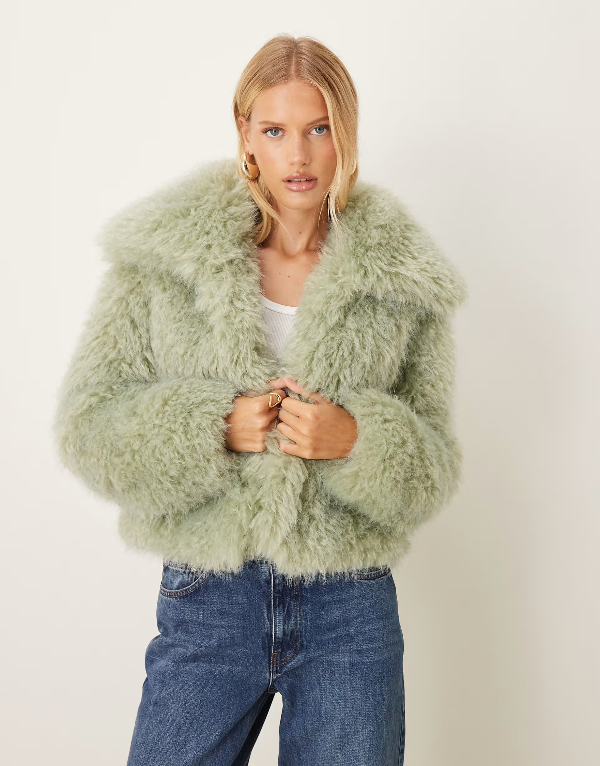 ASOS DESIGN cropped faux fur jacket in sage | ASOS | ASOS (Global)