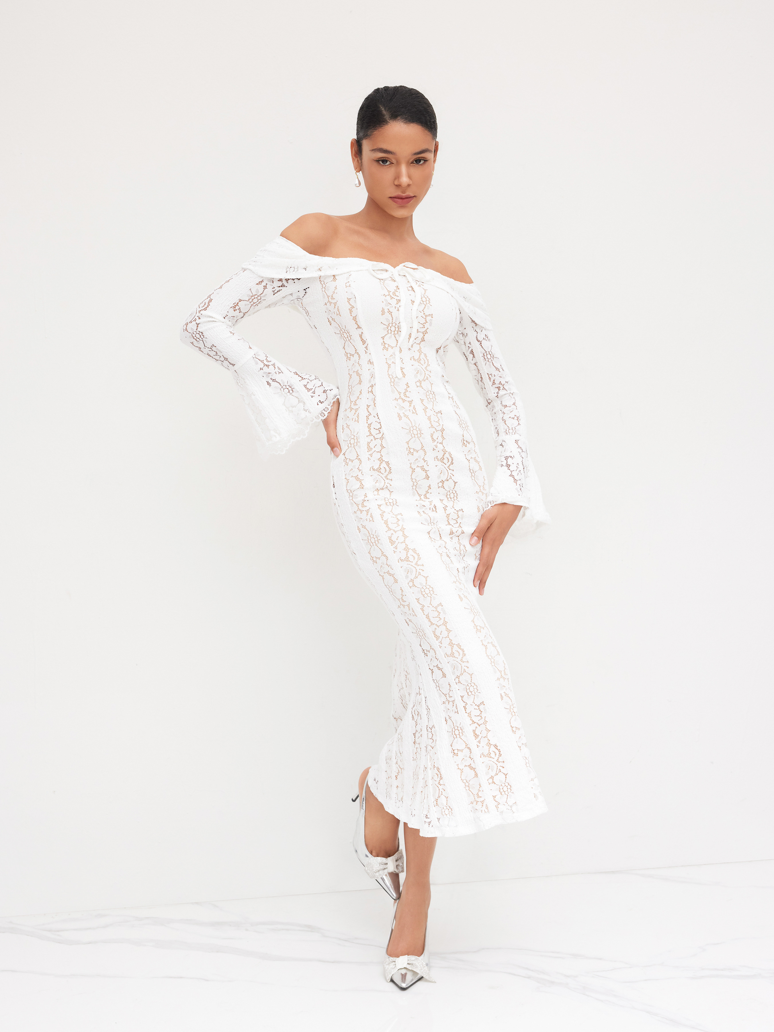 Lace Lace Off-shoulder Floral Knotted Maxi Dress For Date | Cider