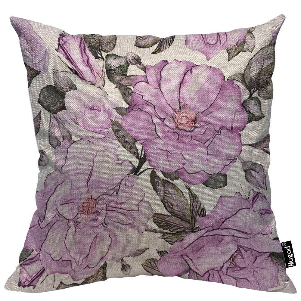 Mugod Purple Flowers Throw Pillow Case Vintage Beautiful Floral Rose Leaves Pastel Color Cotton L... | Amazon (US)