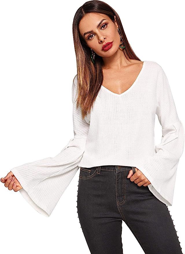 SweatyRocks Women's Deep V Neck Flounce Long Sleeve Knit Sweater Solid T Shirt | Amazon (US)
