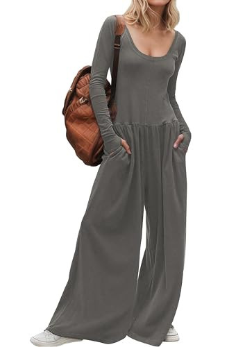 YUENIU Women's Wide Leg Jumpsuit One Piece Romper Long Sleeve Dressy Casual Effortless Pockets Chic Fall Spring Outfits 2025 Dark Grey S | Amazon (US)