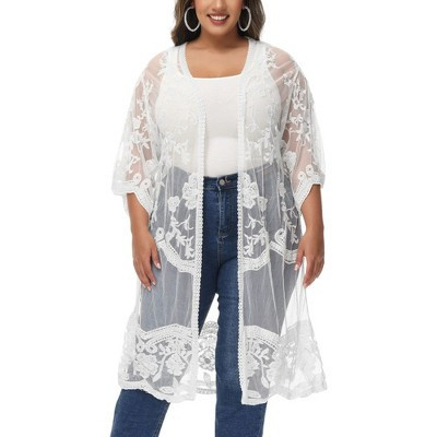 Anna-Kaci Women's Plus Size Lace Cardigan Short Sleeve Open Front Floral Crochet Long Duster- 3X-4X, White | Target