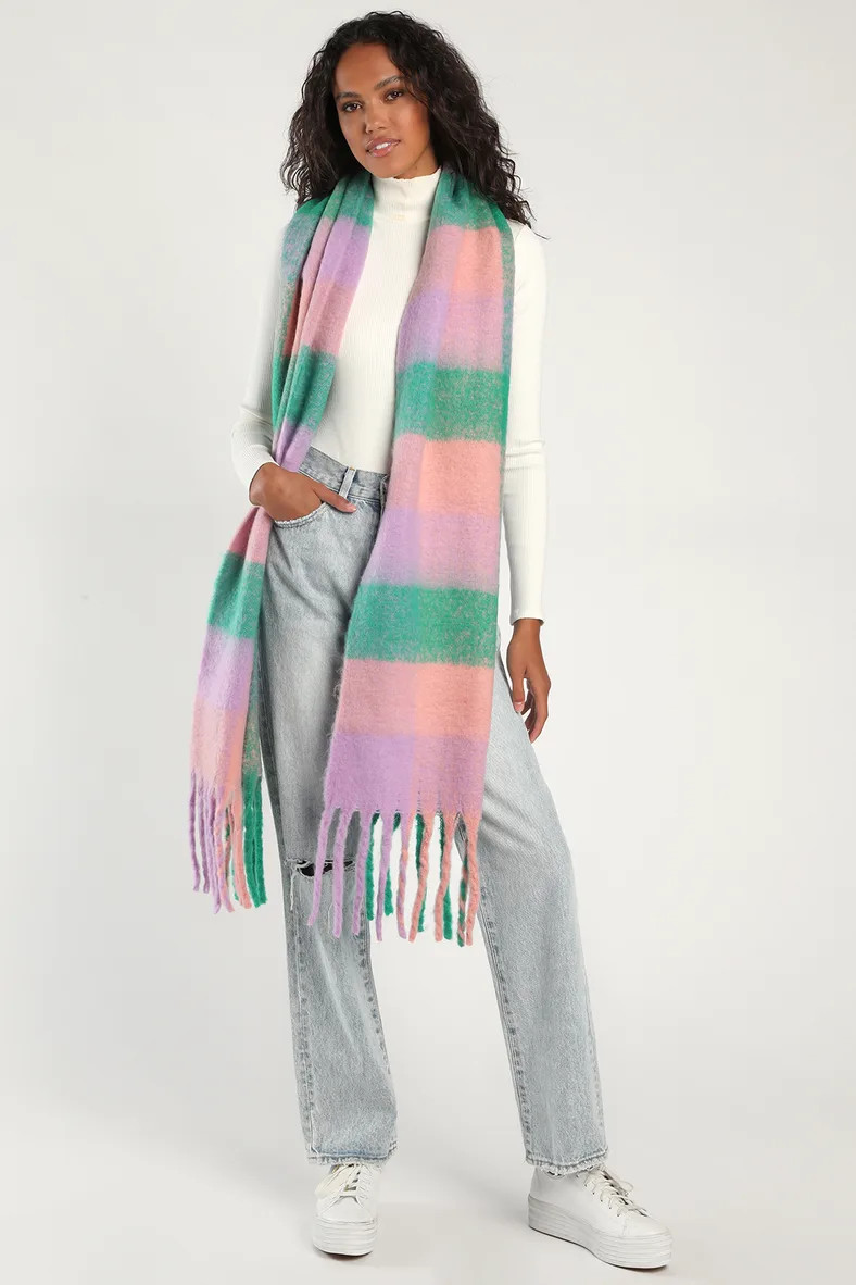Cue the Comfort Green and Pink Plaid Oversized Scarf | Lulus (US)