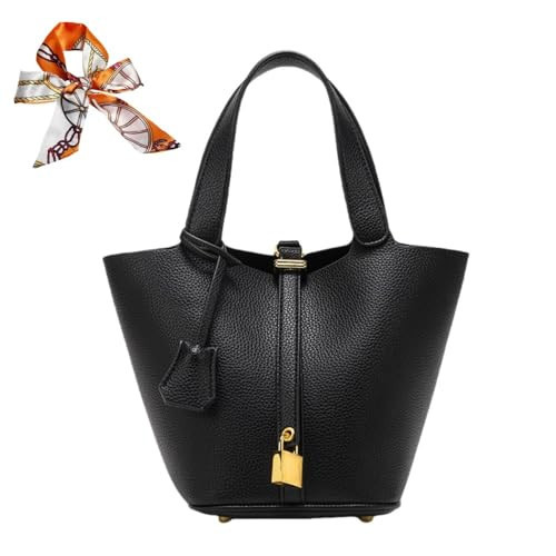 Women's Leather Tote Bag: Fashionable Lock Design Solid Color Bucket Bag Mini Handbag Wallet Handbag (1-Black) | Amazon (US)