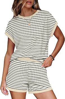WIHOLL Two Piece Sets for Women Summer Lounge Short Sets Cap Sleeve Crew Neck Sweatsuit with Pock... | Amazon (US)