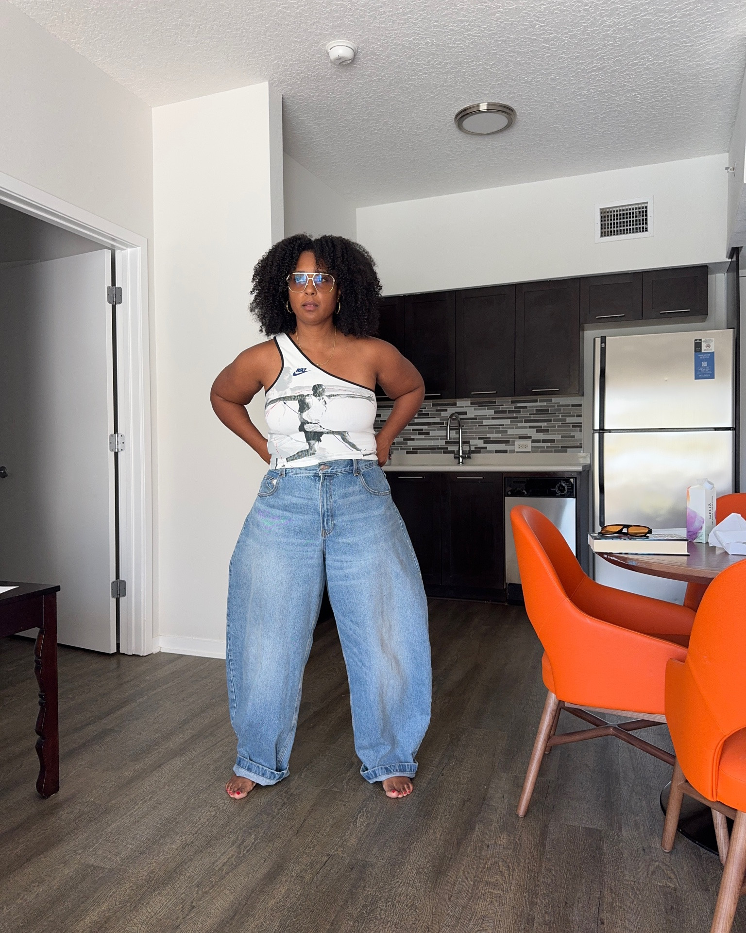 Sporty girl one shoulder top and perfect exaggerated barrel jean

#LTKOver40