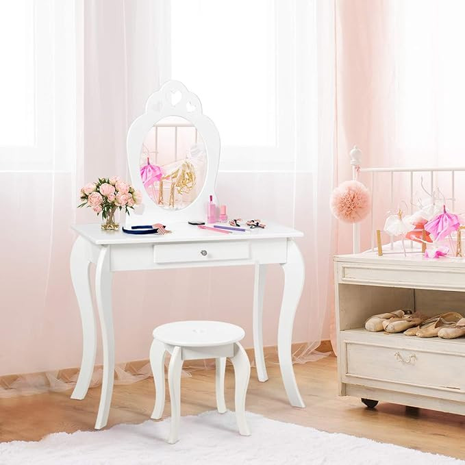 Costzon Kids Vanity Set with Mirror, 2 in 1 Wooden Princess Makeup Vanity Dressing Table with Det... | Amazon (US)