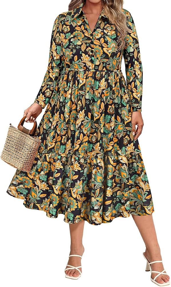 CARCOS Plus Size Dresses for Curvy Women Collared Vneck Long Sleeve Dresses Midi Fall Winter Dres... | Amazon (US)