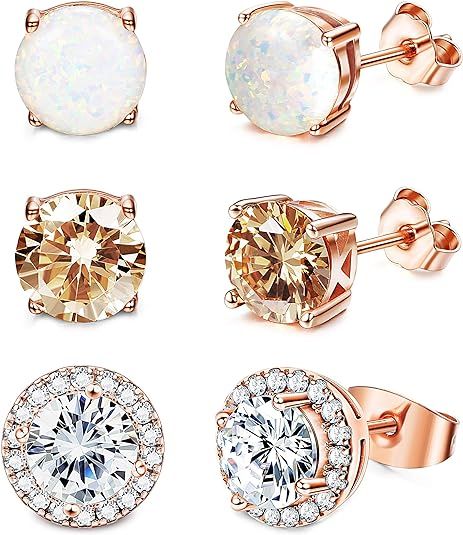 Jstyle Stud Earrings for Women 18K White Gold Rose Plated CZ Halo Earrings Created Opal Earrings ... | Amazon (US)