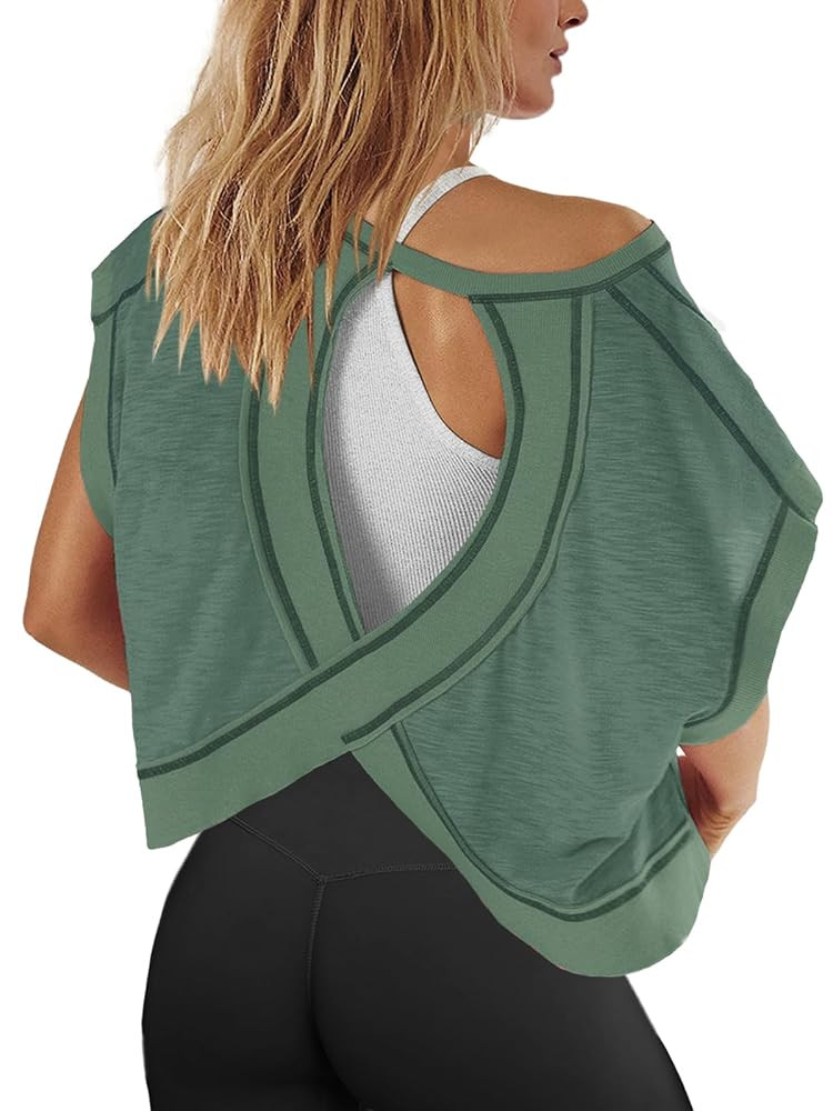 Panadila Womens Open Back Workout Top Oversized Workout T Shirts Backless Athletic Shirt Short Sl... | Amazon (US)
