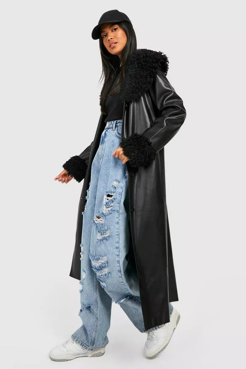 Faux Fur Trim Pu Belted Coat | Debenhams UK