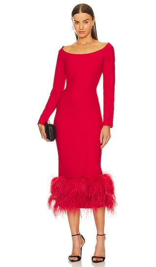 Feather Midi Dress in Red | Revolve Clothing (Global)