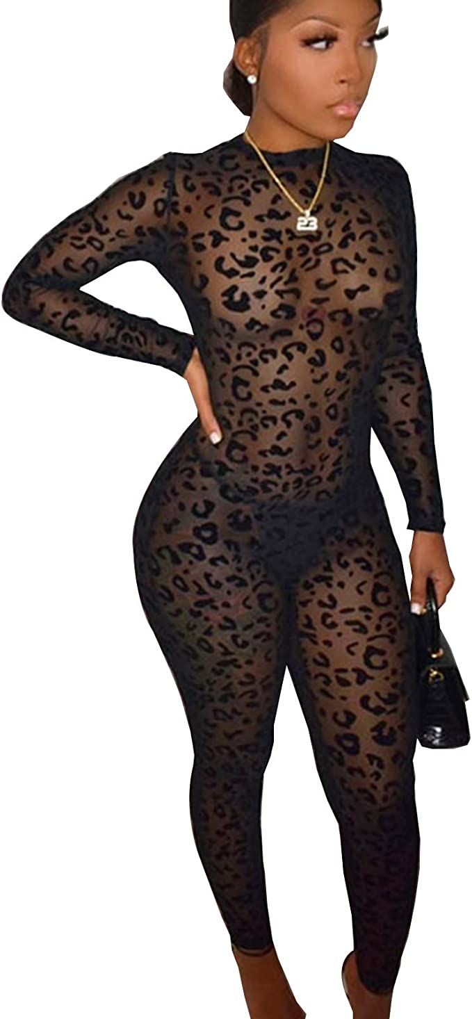 hibshaby Sexy Mesh Black Leopard Jumpsuits for Women Bodycon Outfits Streetwear Rompers | Amazon (US)