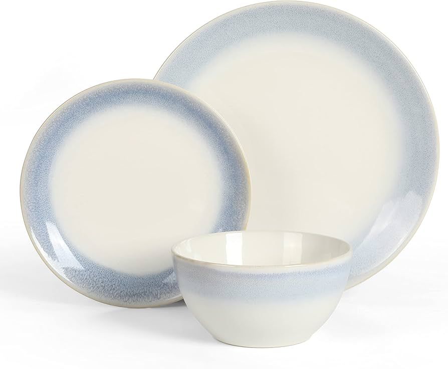 Martha Stewart Perry Street Stoneware Reactive Dinnerware Set - White w/Blue Rim, Service for 4 (... | Amazon (US)