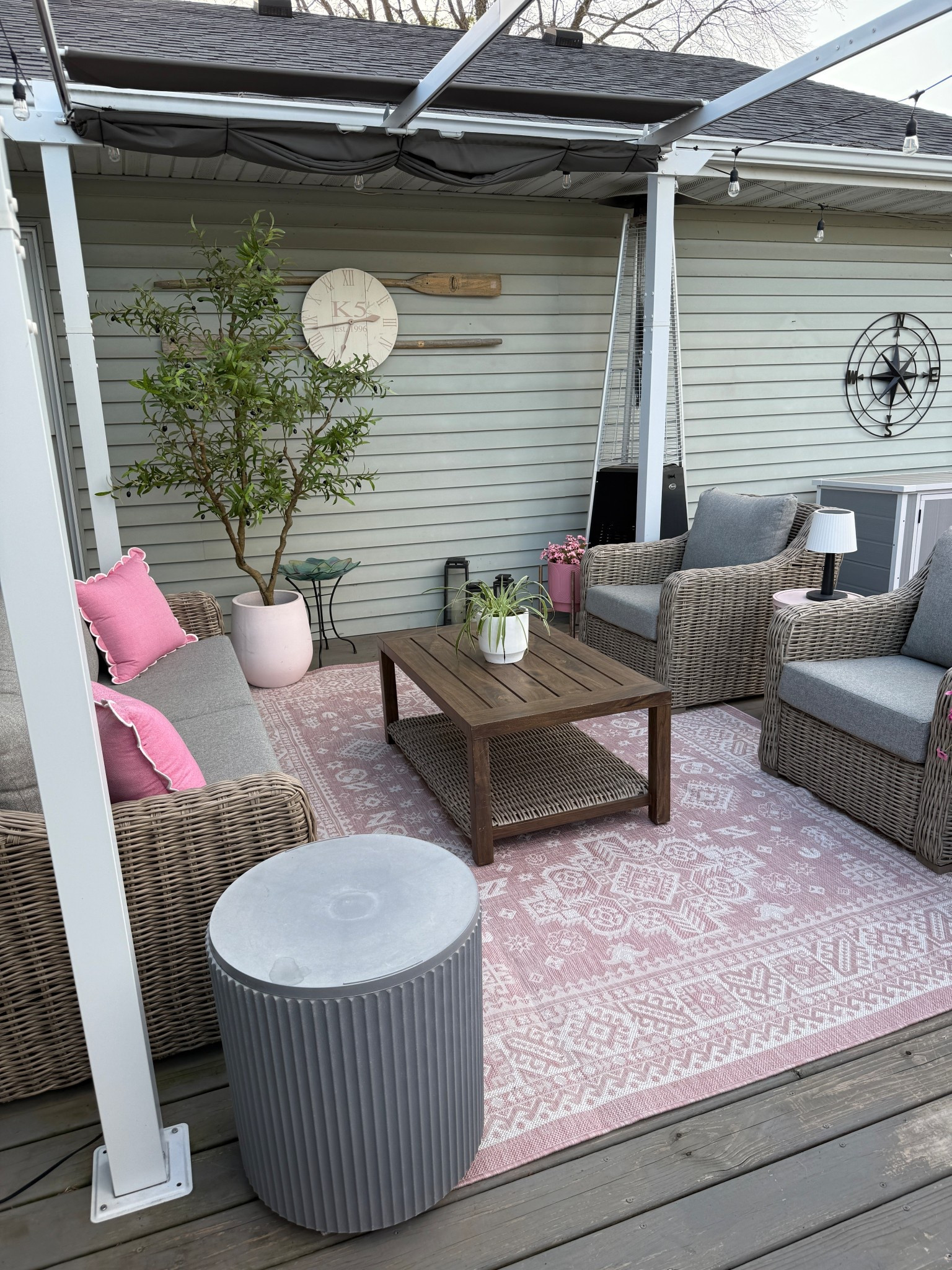 Deck links!
Aluminum pergola 
Side table cooler 
Sofa set 
Olive tree
Solar lamp
Faux outdoor flowers 