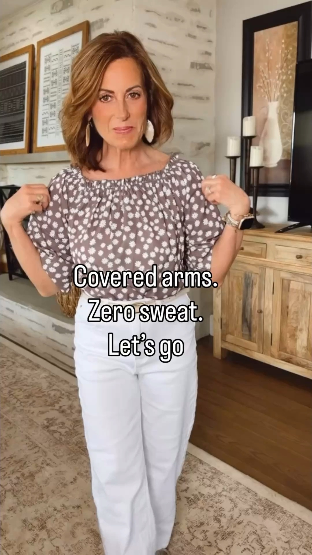 3 tops that cover the arms but still keep you cool.
Top 1 - lightweight polyester
Top 2 - lightweight 100% cotton
Top 3 - lightweight blendd